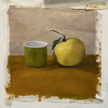 Still life painting of a green cup and a yellow fruit