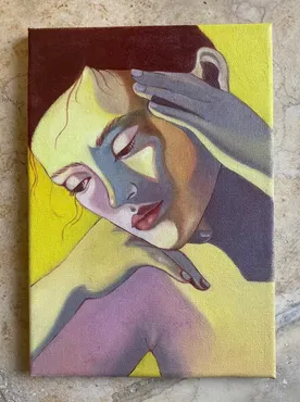 Colorful portrait painting of a woman resting her head on her hand