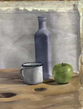 Still life painting of a bottle, a mug and a green apple