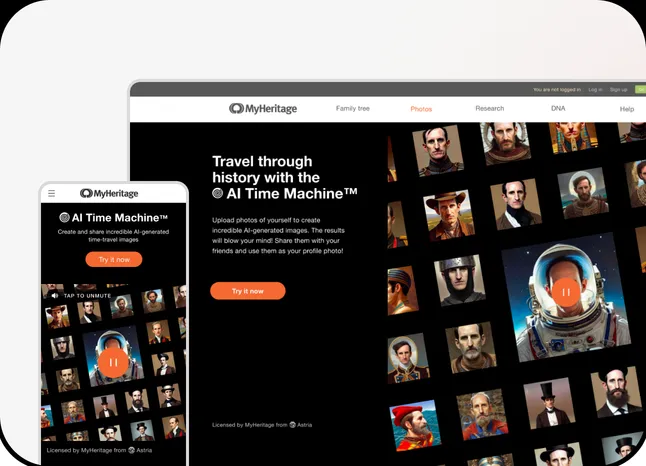 MyHeritage AI Time Machine on desktop and mobile