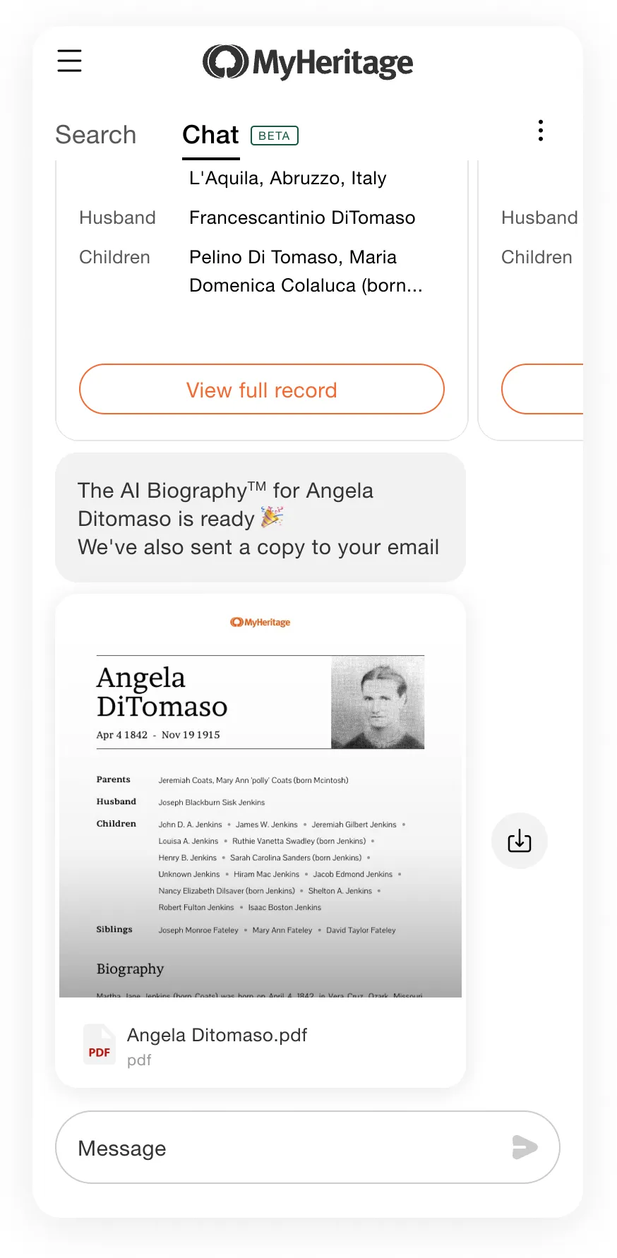 Shipped MVP: the chat says “The AI Biography for Angela Ditomaso is ready” and attaches a downloadable PDF biography