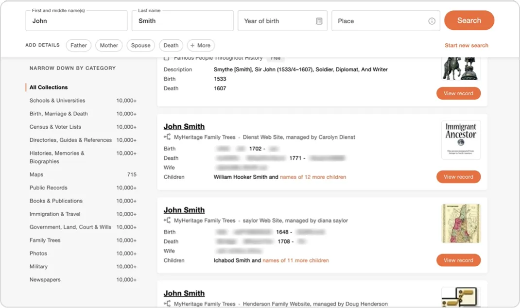Search results with birth and death details blurred on each John Smith record