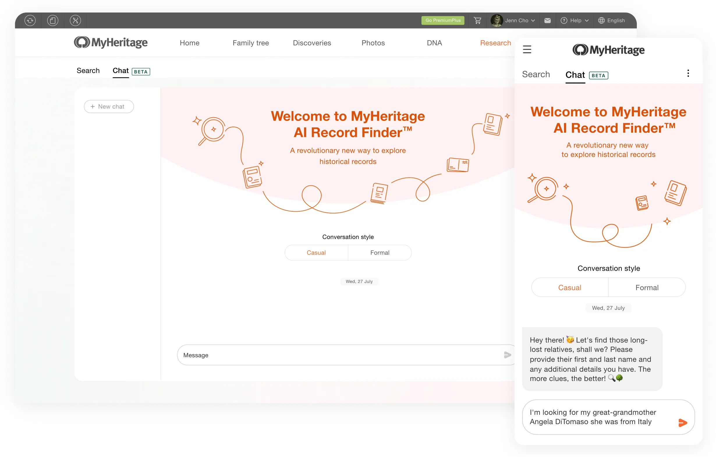 The AI Record Finder welcome screen on desktop and mobile: casual or formal conversation style, and a first message asking for the ancestor’s name
