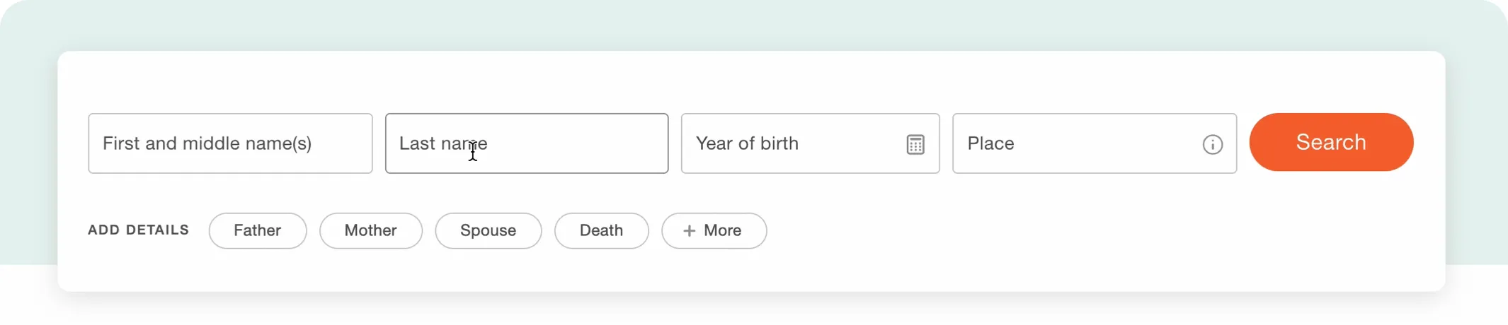 MyHeritage SuperSearch form with separate fields for first name, last name, year of birth and place, plus Father, Mother, Spouse and Death detail chips