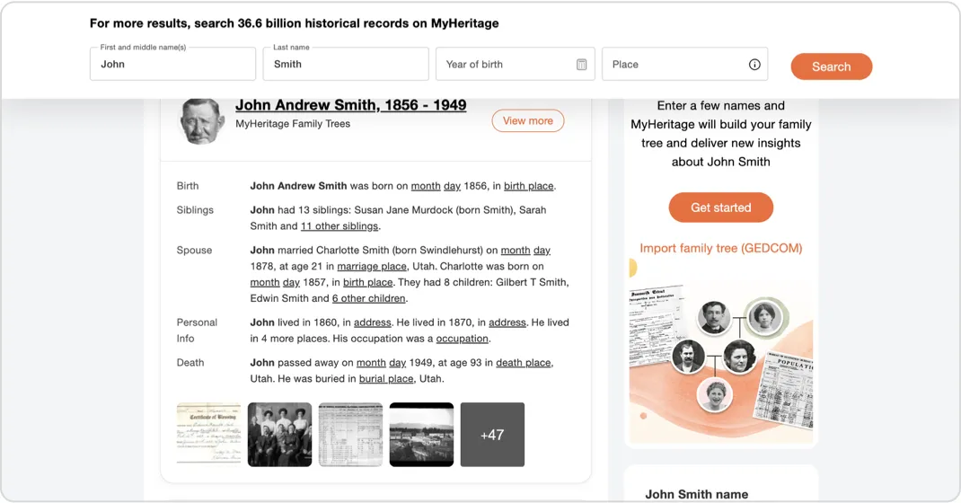 New page with the docked search bar at the top, above the John Andrew Smith record