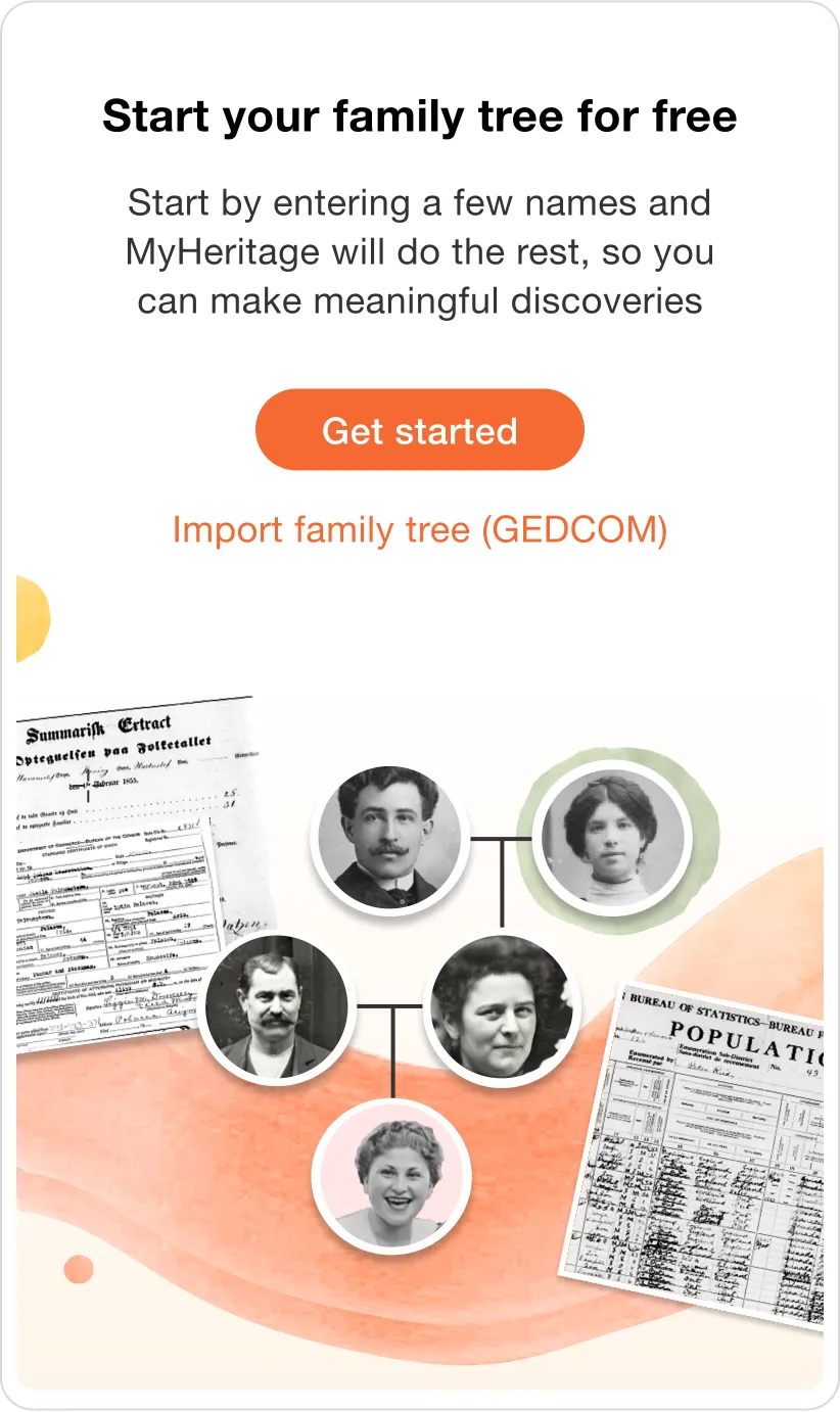 “Start your family tree for free” card with a Get started button, an Import family tree (GEDCOM) link and an illustration of a family tree with old portraits
