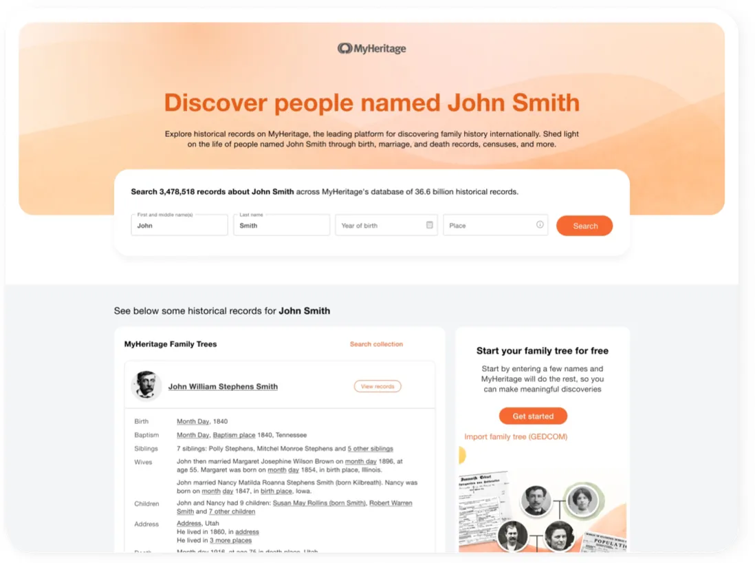 Final winning version: “Discover people named John Smith” with a prominent search form and no anchor-links section