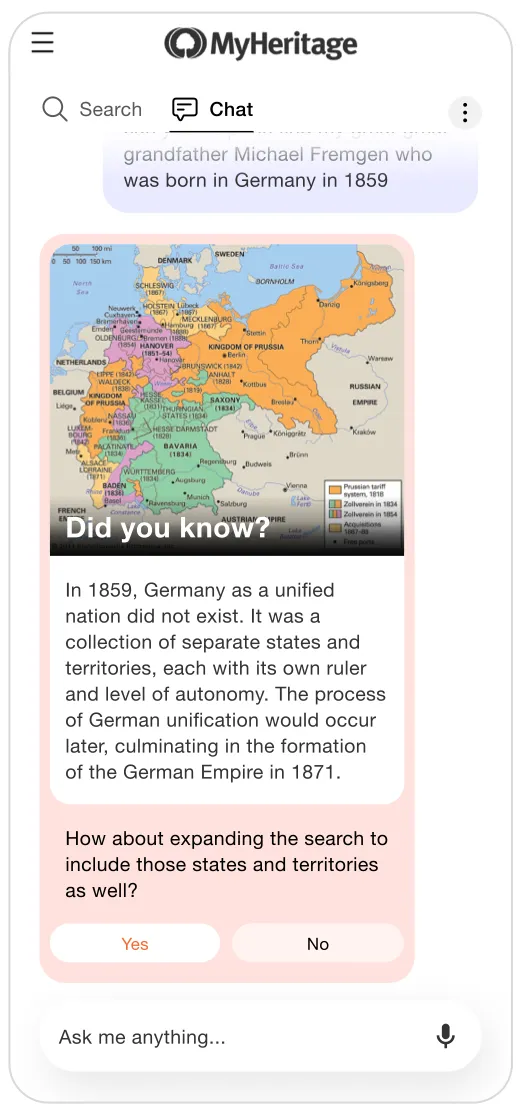 Mobile chat with a “Did you know?” card: a map explaining that Germany was not a unified nation in 1859