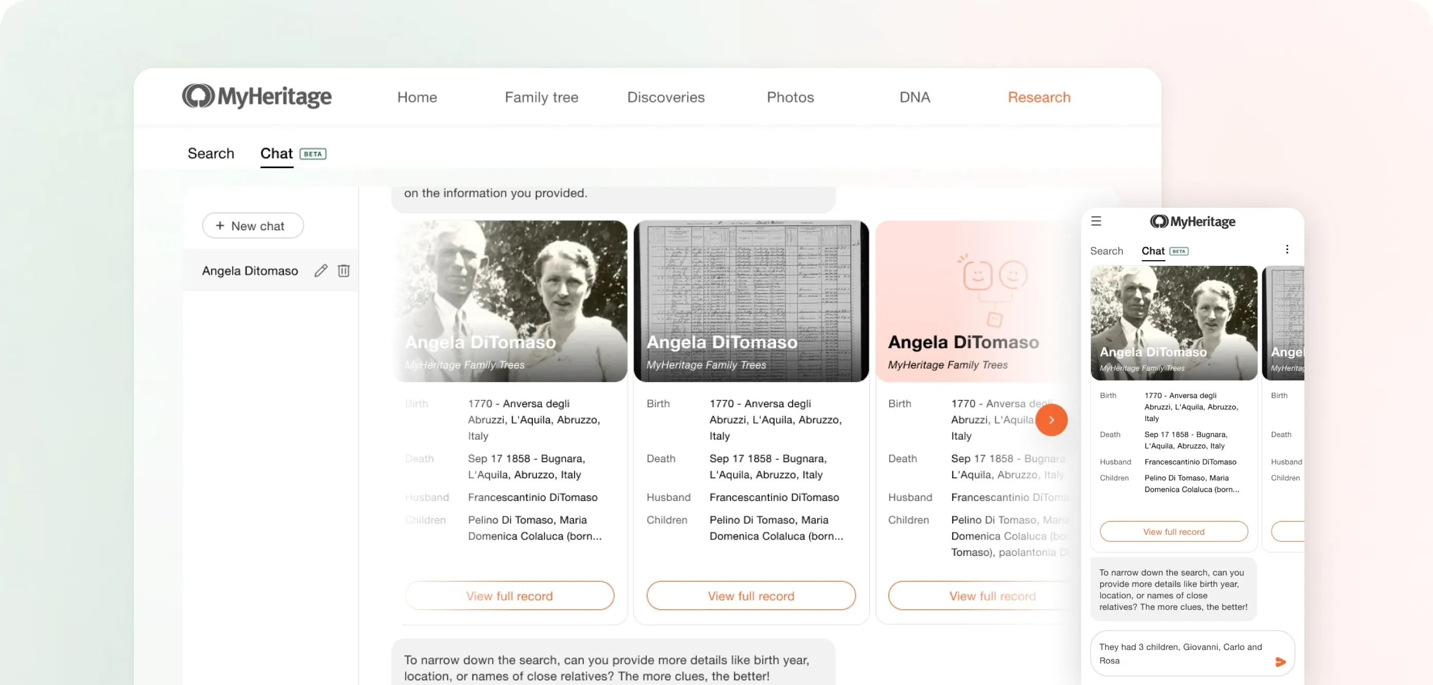The AI Record Finder chat on desktop and mobile, showing record cards for Angela DiTomaso with photos, birth and death details