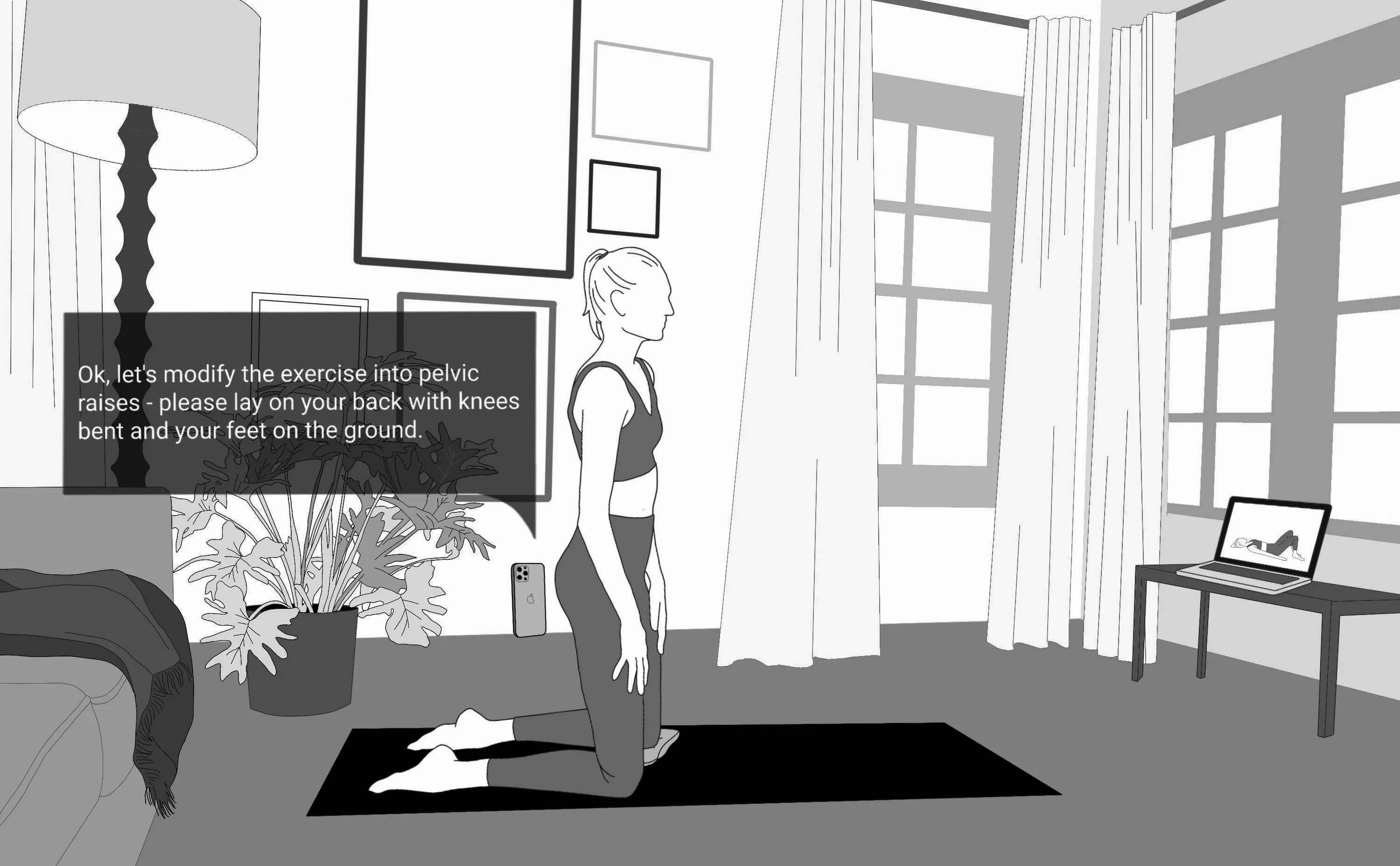 A woman kneels on a mat at home while the virtual trainer says “Ok, let’s modify the exercise into pelvic raises”