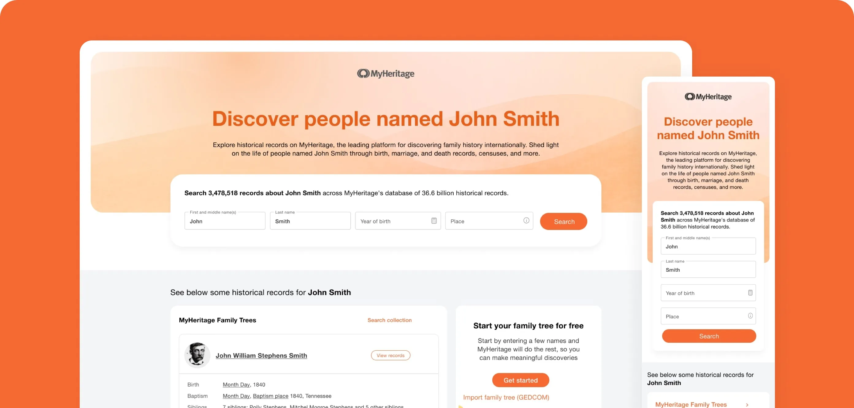The redesigned “Discover people named John Smith” landing page on desktop and mobile, with a search form above the historical records