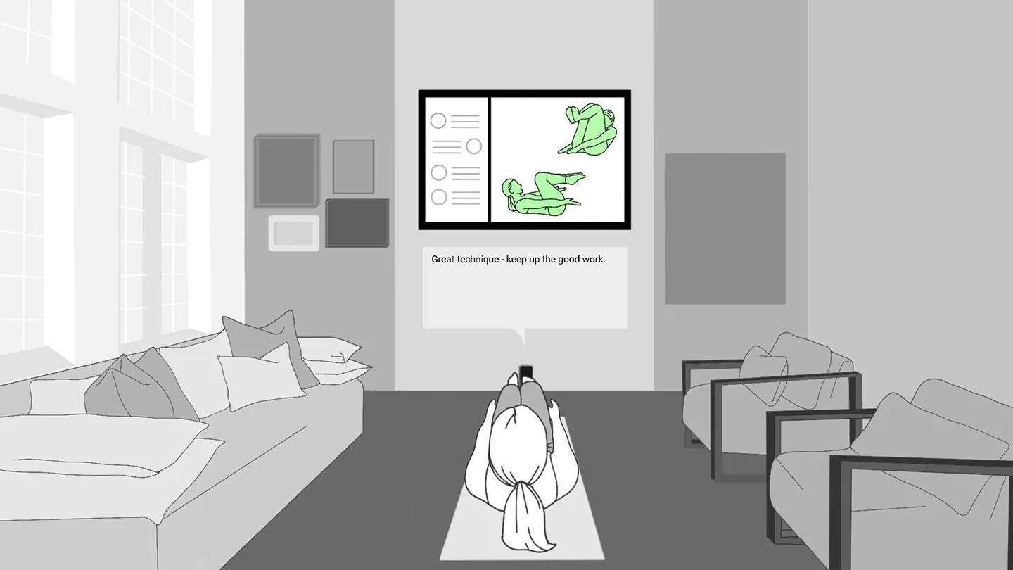 A trainee exercises on a mat while the TV shows her 3D posture and the trainer says “Great technique - keep up the good work.”