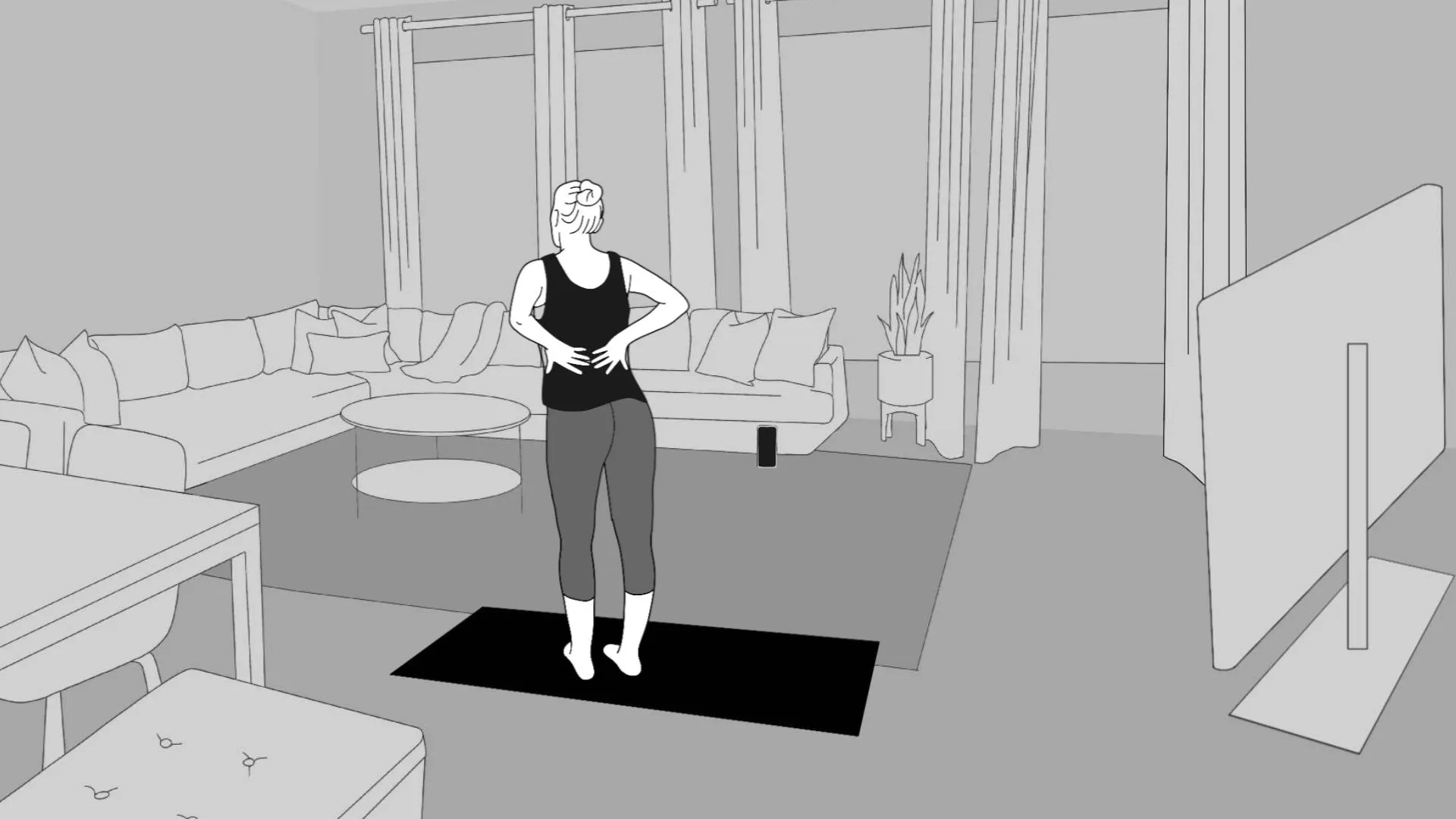 A trainee stands on a mat in her living room, with an iPhone on the floor scanning her