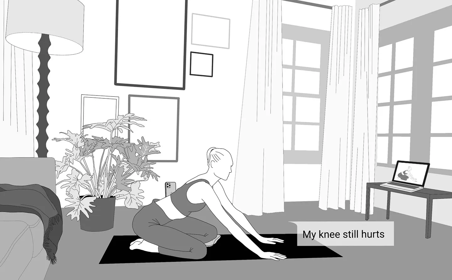 A trainee on her mat tells the trainer “My knee still hurts”