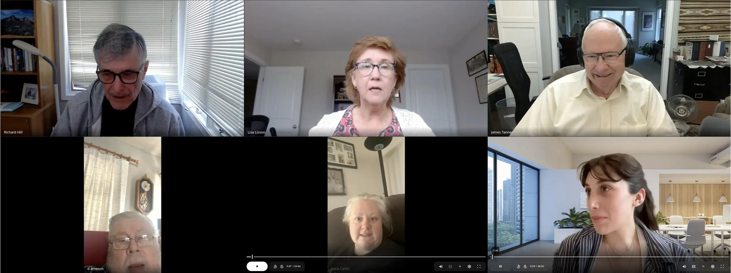 Six video-call stills of interview participants: genealogy experts and novice users of different ages