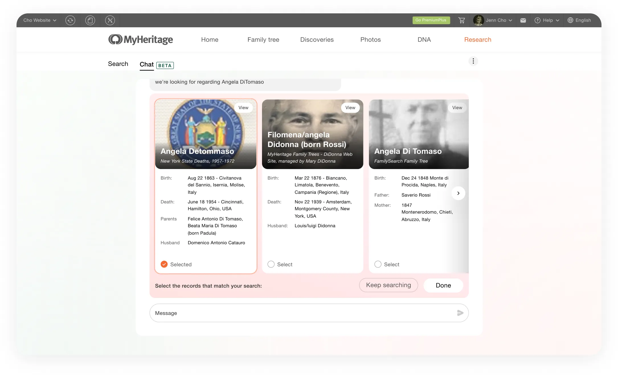 Desktop chat showing a horizontal row of record cards with Select checkboxes and “Keep searching” and “Done” buttons