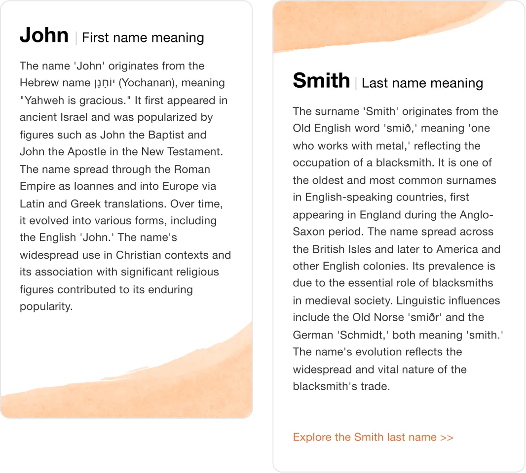 Two widgets explaining the meaning and origin of the first name John and the last name Smith