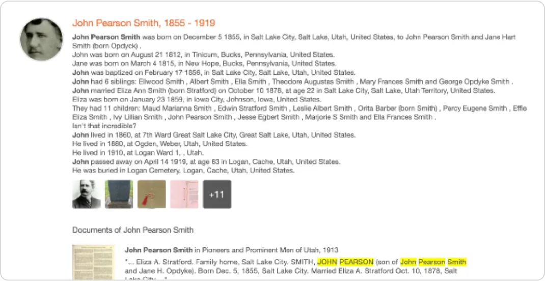 Old record for John Pearson Smith written as a long narrative paragraph