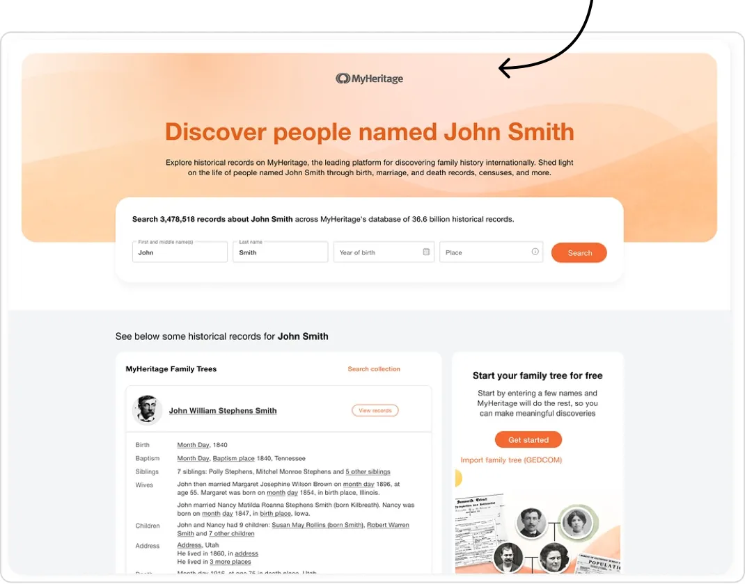 New page layout: an orange header with a search form, structured records and a family tree card