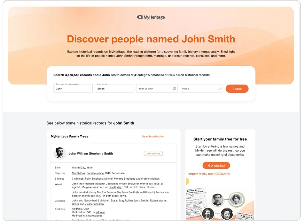 New John Smith landing page: an orange header with a search form, then structured family tree records and a “Start your family tree for free” card