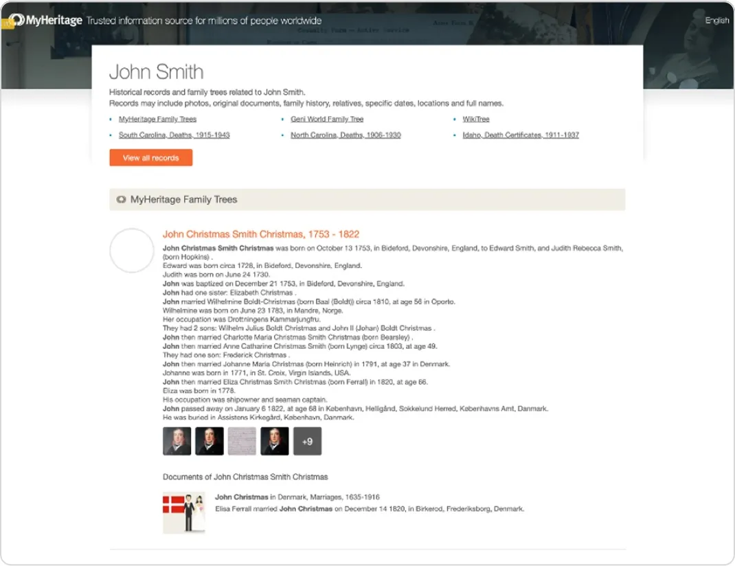 Old John Smith page layout: a dark header with link lists above long narrative records