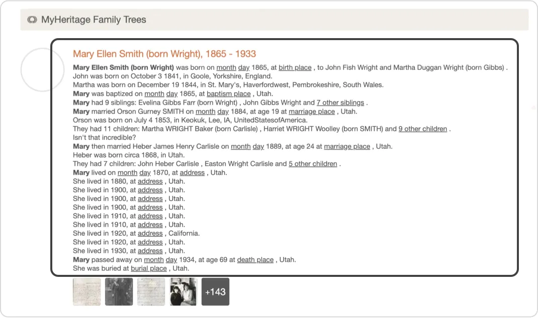 Old desktop record: a dense paragraph where month, day and places are underlined links, outlined