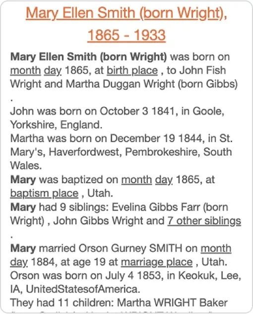 Old mobile record for Mary Ellen Smith with underlined month, day and place links throughout the text