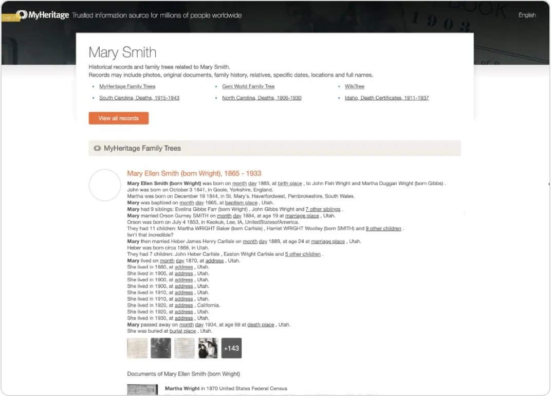 Old Mary Smith landing page: a dark header with a short intro and rows of anchor links to collections, above a dense block of record text