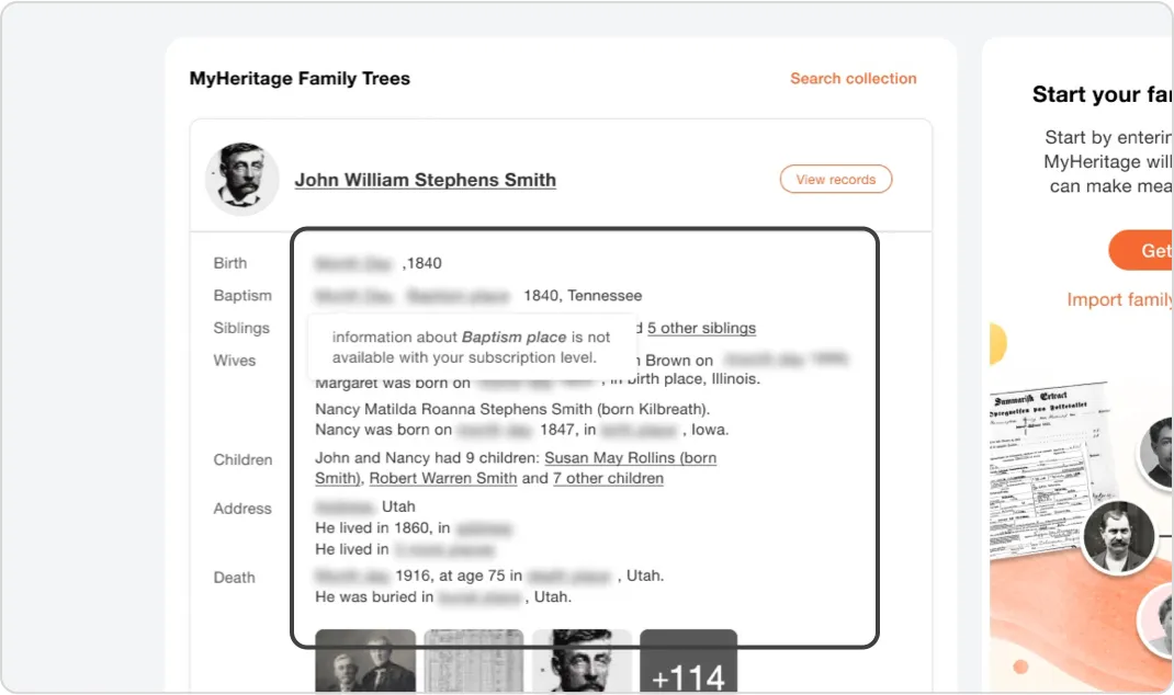 Record card with dates and places blurred, and a tooltip explaining the information is available with a subscription