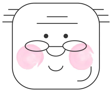 Line drawing of an older man’s face with glasses and pink cheeks