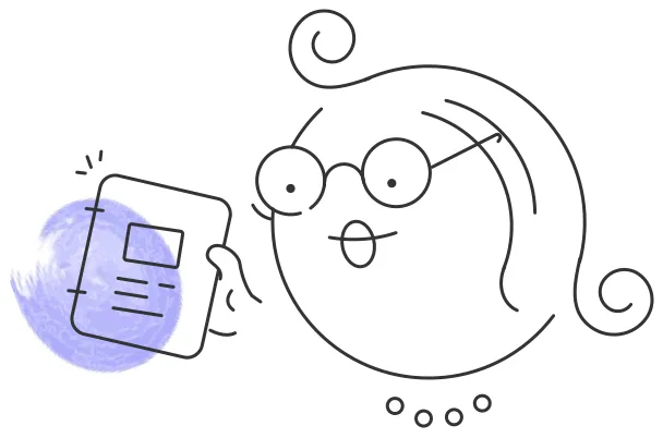 Line drawing of a curly-haired person with glasses holding a document