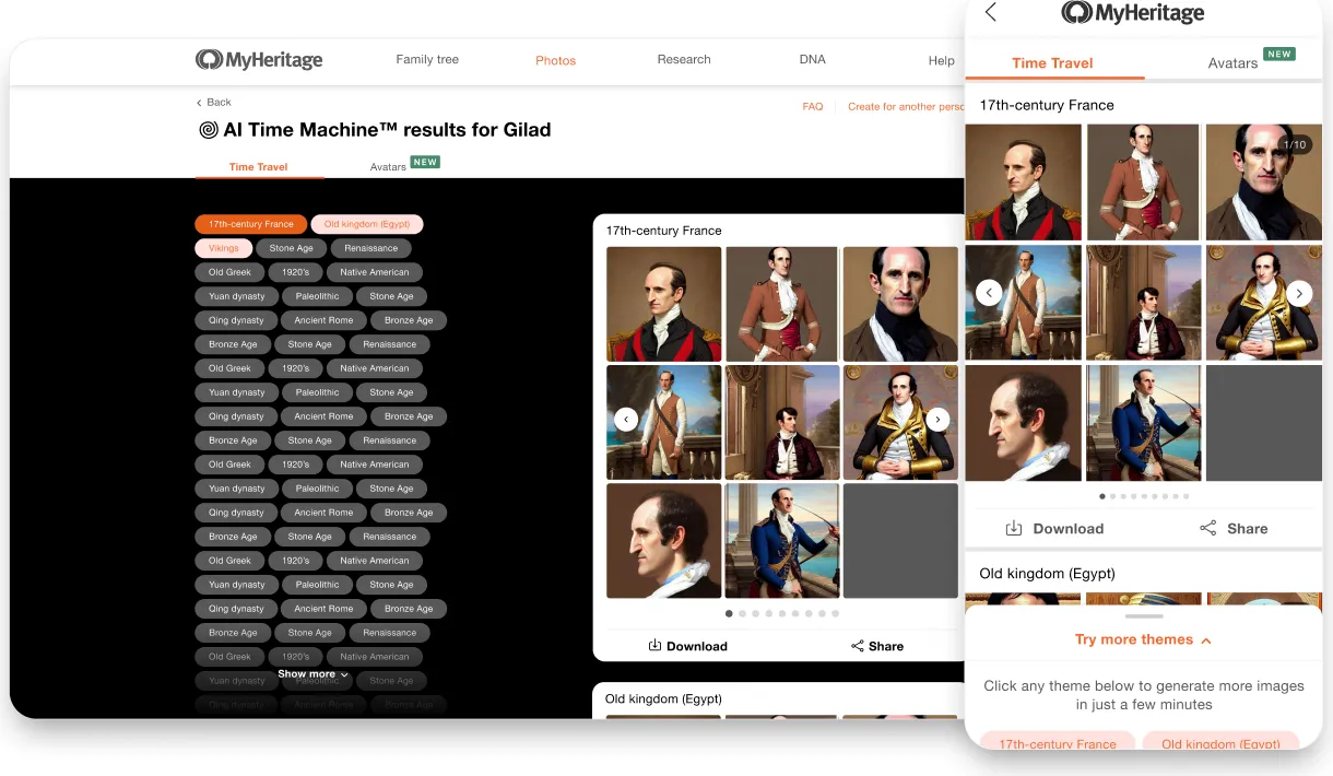 AI Time Machine results page on desktop and the theme picker on mobile