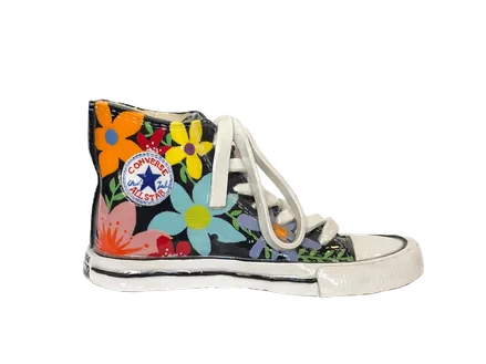 Ceramic high-top sneaker painted with colorful flowers