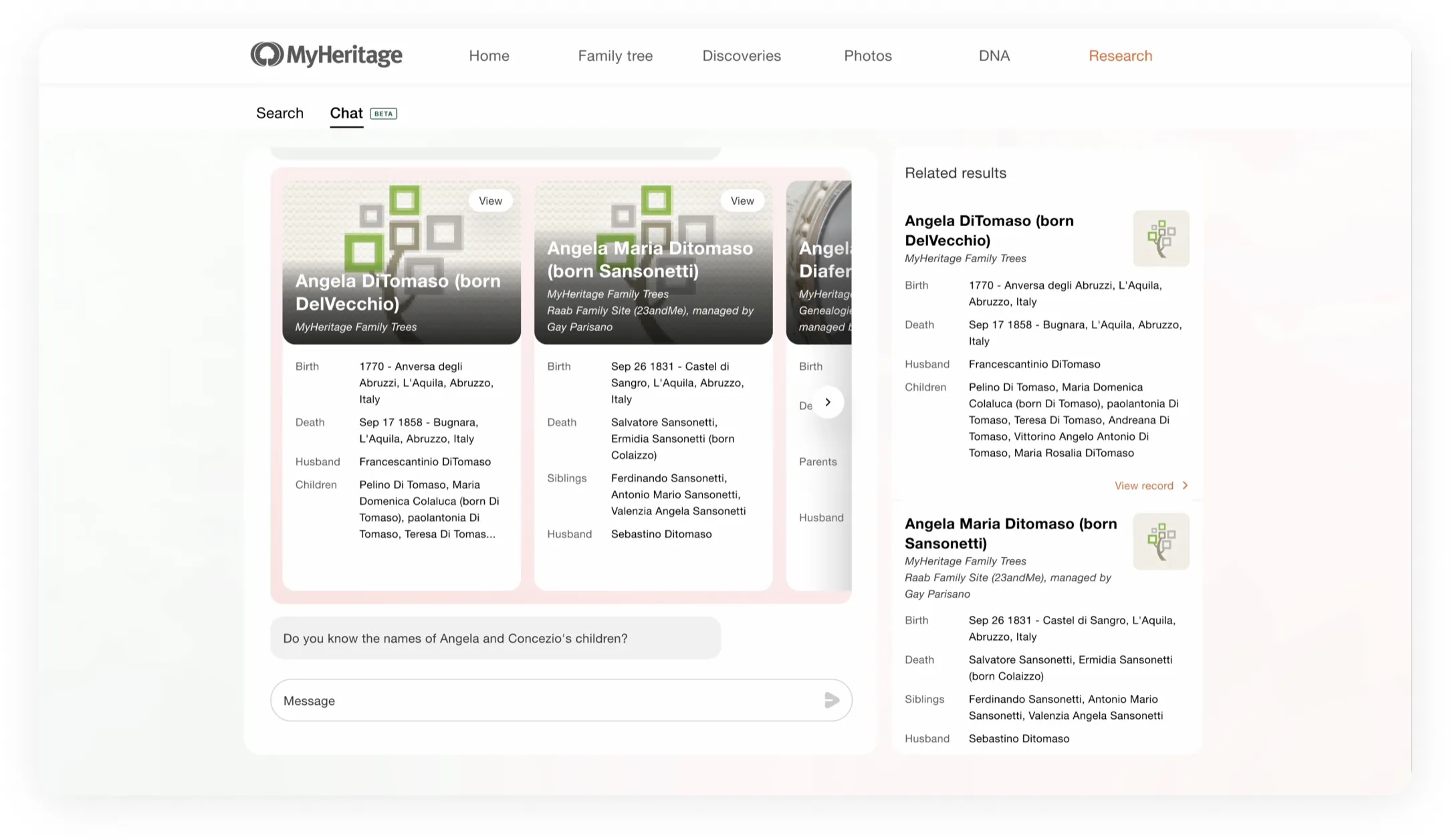 Desktop chat with record cards in the conversation and a “Related results” panel listing the same records on the right