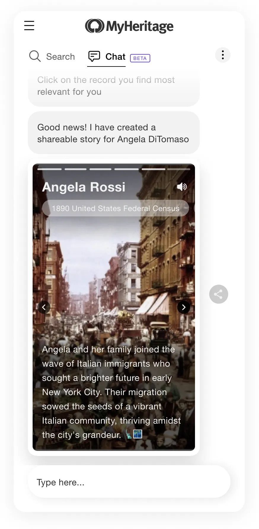 Prototype “Story Message”: a story card for Angela Rossi over an old photo of New York, telling how her family joined the wave of Italian immigrants