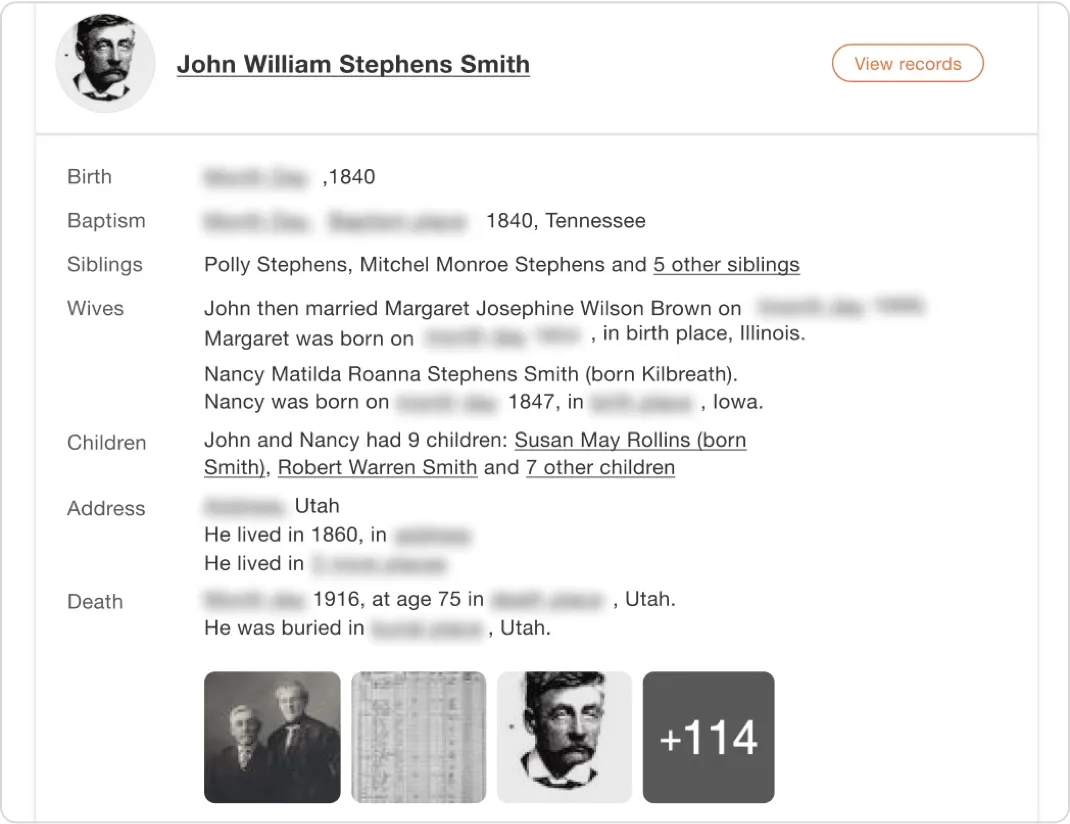 New record for John William Stephens Smith with labeled fields for birth, baptism, siblings, wives, children, address and death, some values blurred