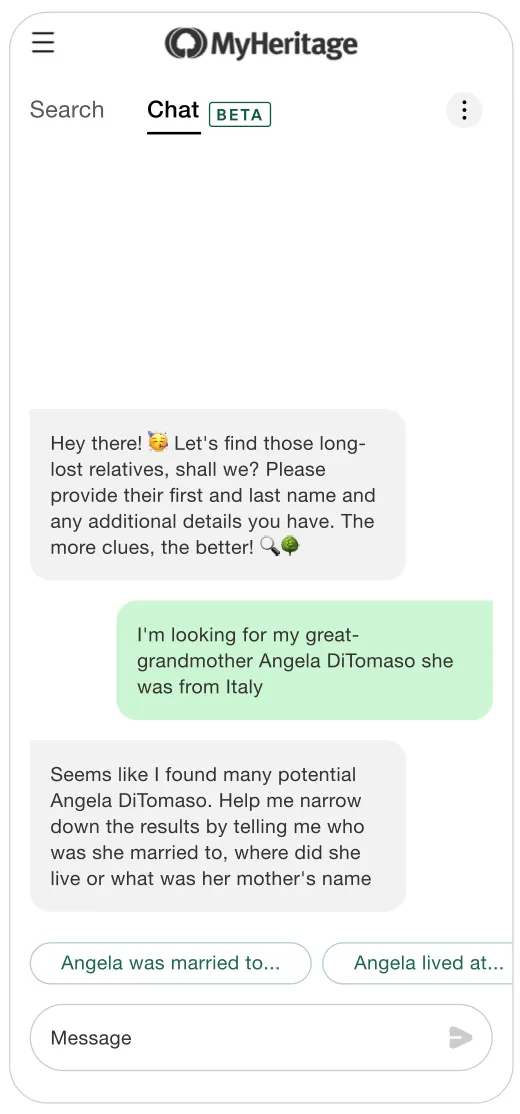 Mobile chat with suggestion tags such as “Angela was married to…” and “Angela lived at…” above the message box