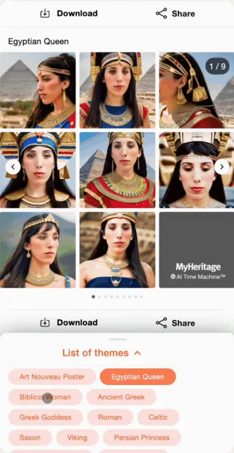 Egyptian Queen results with the list of curated themes on mobile