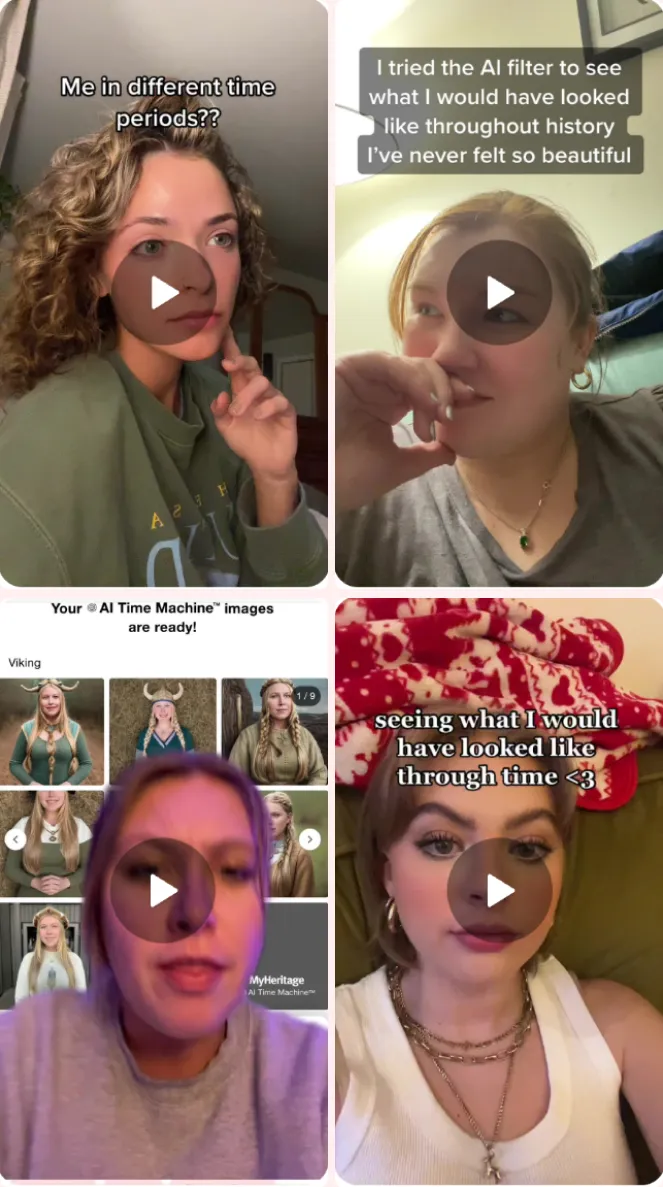 Four TikTok videos of users trying AI Time Machine