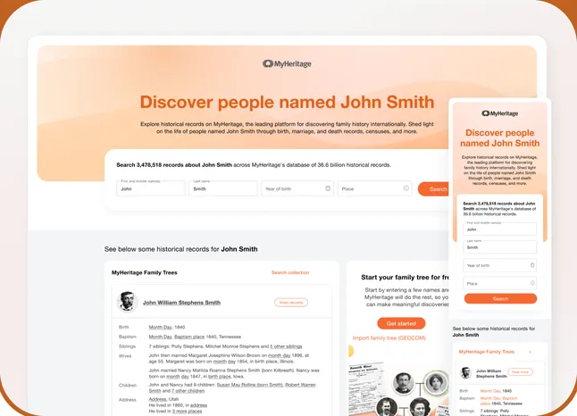 MyHeritage "Discover people named John Smith" landing page on desktop and mobile