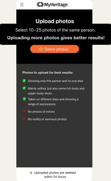 Final mobile upload screen: “Uploading more photos gives better results!” and short tips
