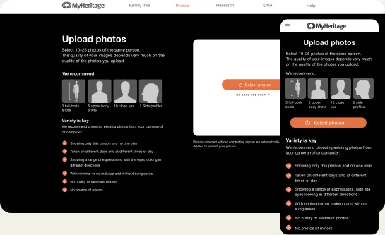 First upload screen, with illustrated photo guidelines, on desktop and mobile