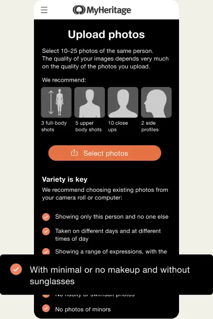 Mobile upload screen with a long list of strict photo requirements