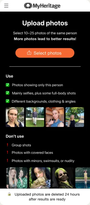 Mobile upload screen with example photos of what to use and what not to use