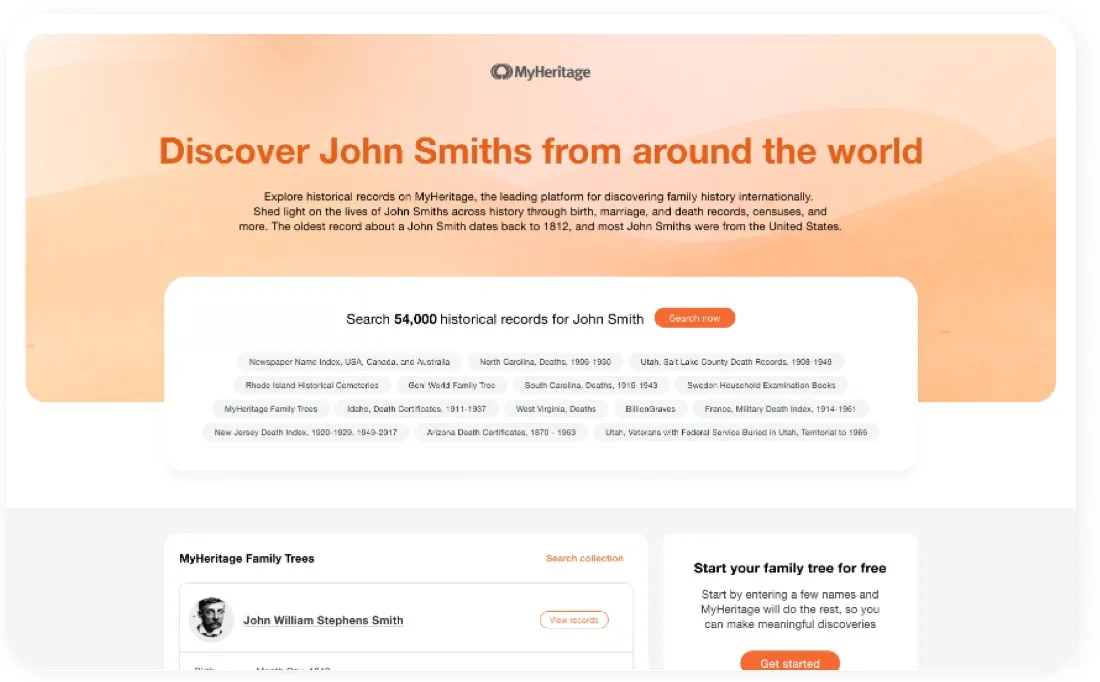 Version A: the redesigned “Discover John Smiths from around the world” page with a box of collection links and no search form